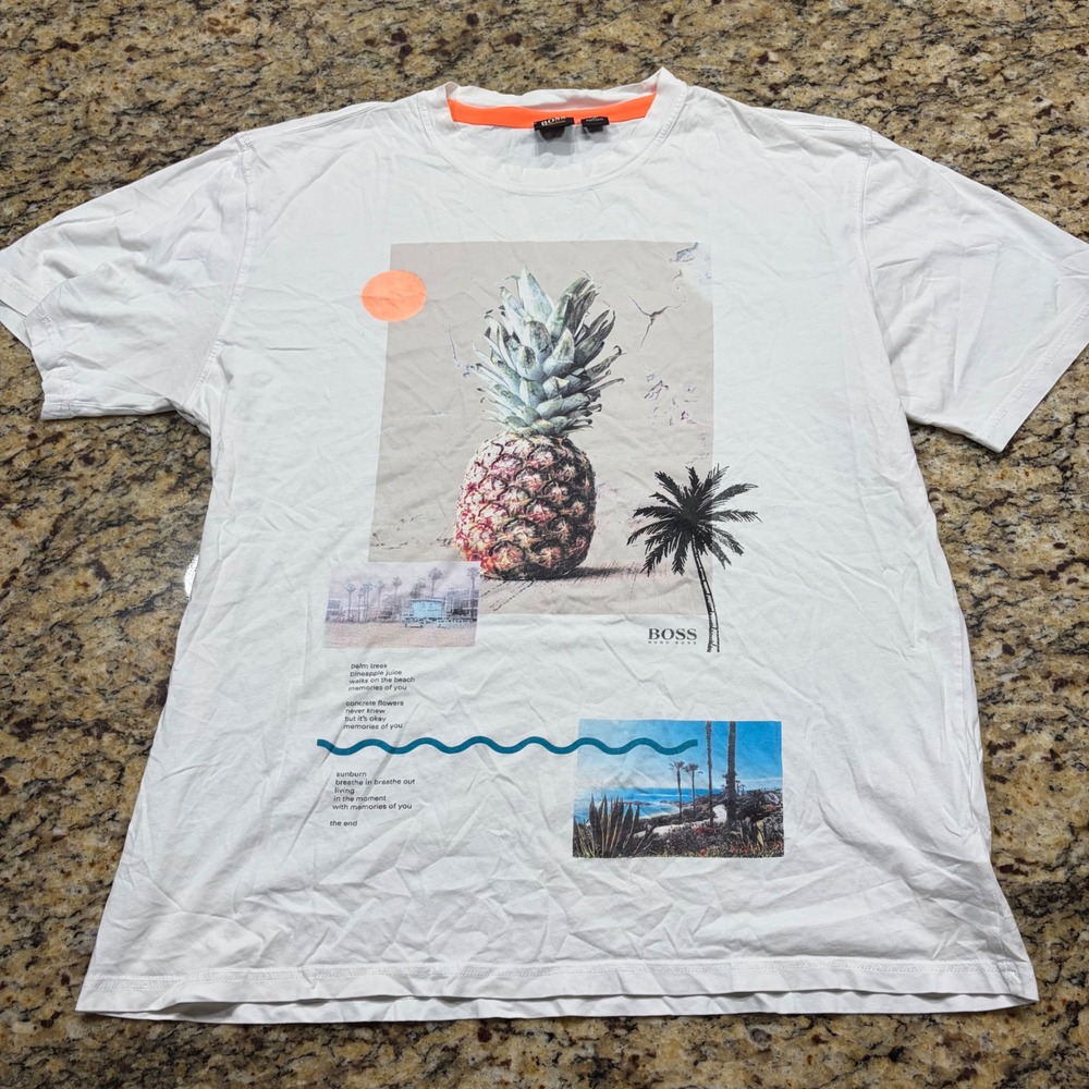 Hugo Boss Mens XL White Pineapple Graphic T-Shirt Tropical Palm Tree Portugal ws